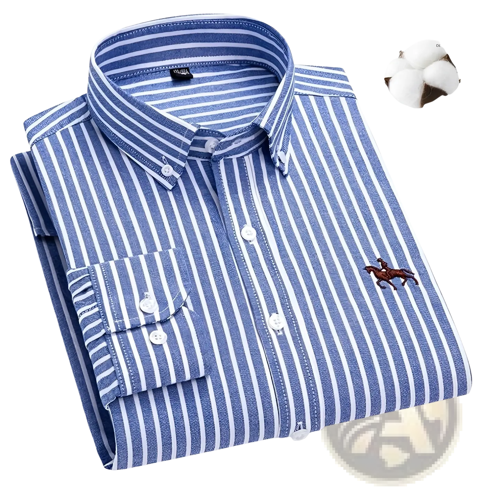 Men’s striped cotton button down shirt with blue and white vertical stripes and embroidered horse logo on left chest