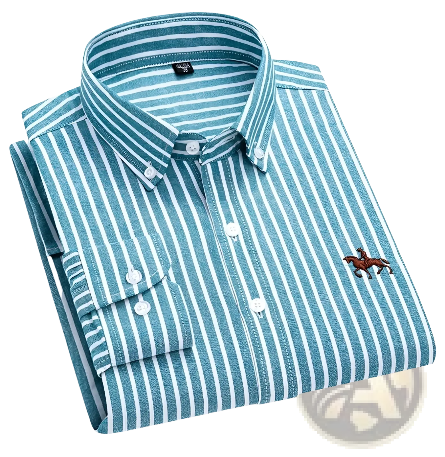Men’s striped cotton embroidered button down shirt in teal and white with a small horse on the left chest