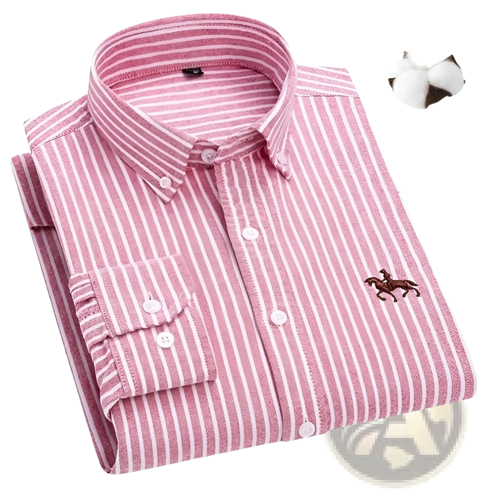 Men’s striped cotton long-sleeve button-down shirt in pink and white with embroidered horse logo on the chest