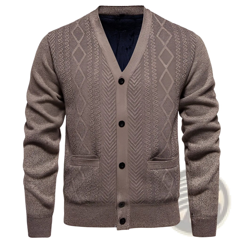 Men’s striped knit cardigan sweater in taupe with v-neck black buttons and diamond chevron cable knit patterns