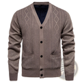 Men’s striped knit cardigan sweater in taupe with v-neck black buttons and diamond chevron cable knit patterns