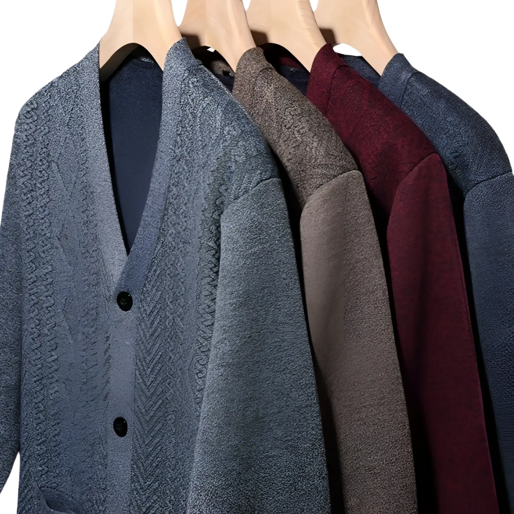 A collection of men’s v-neck striped knit cardigans in gray brown and maroon with subtle herringbone texture