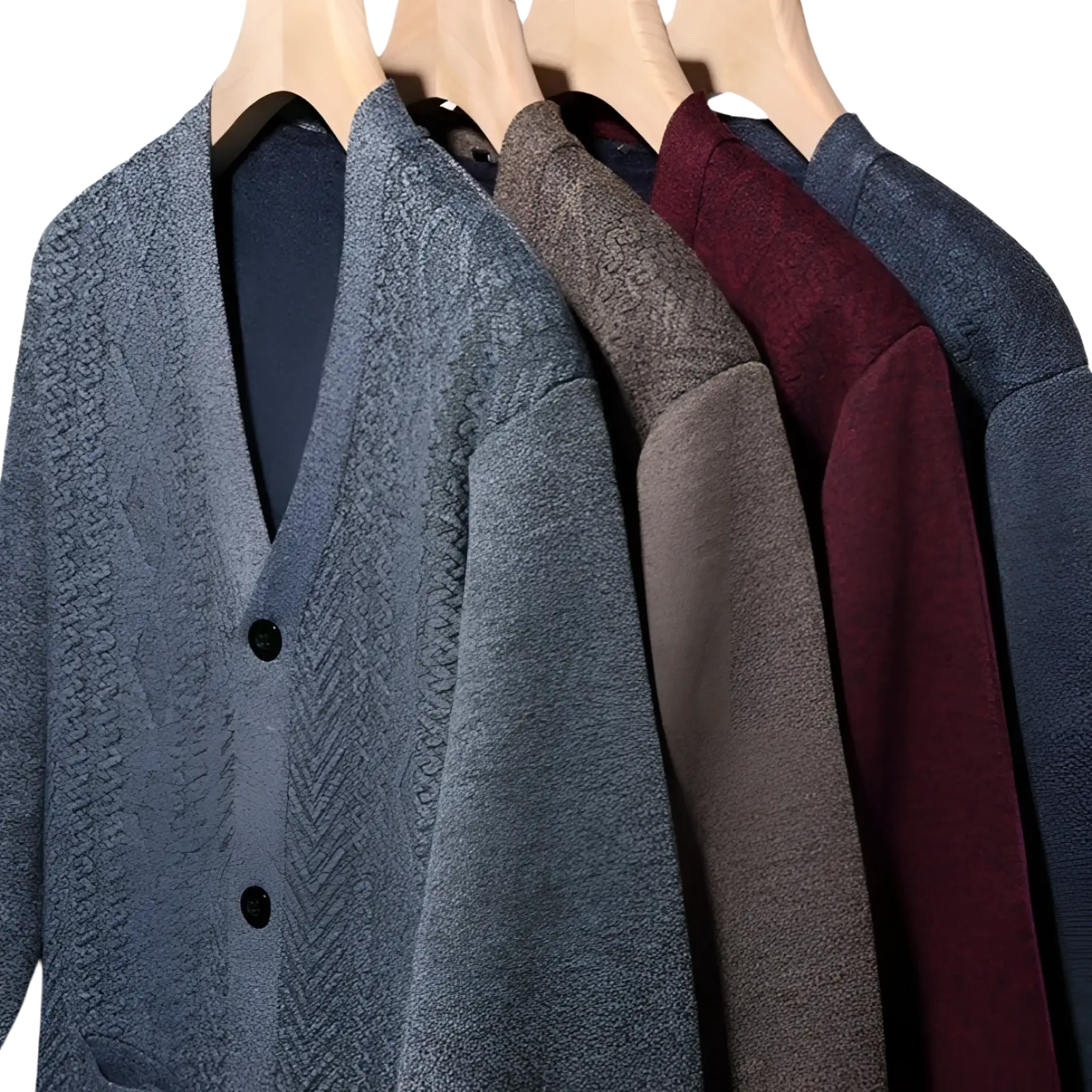 A collection of men’s v-neck striped knit cardigans in gray brown and maroon with subtle herringbone texture