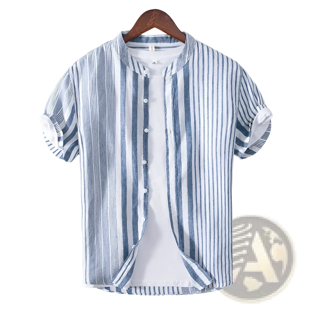 Men’s striped linen mandarin collar short sleeve shirt in light blue and white breathable fabric