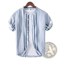 Men’s striped linen mandarin collar short sleeve shirt in light blue and white breathable fabric