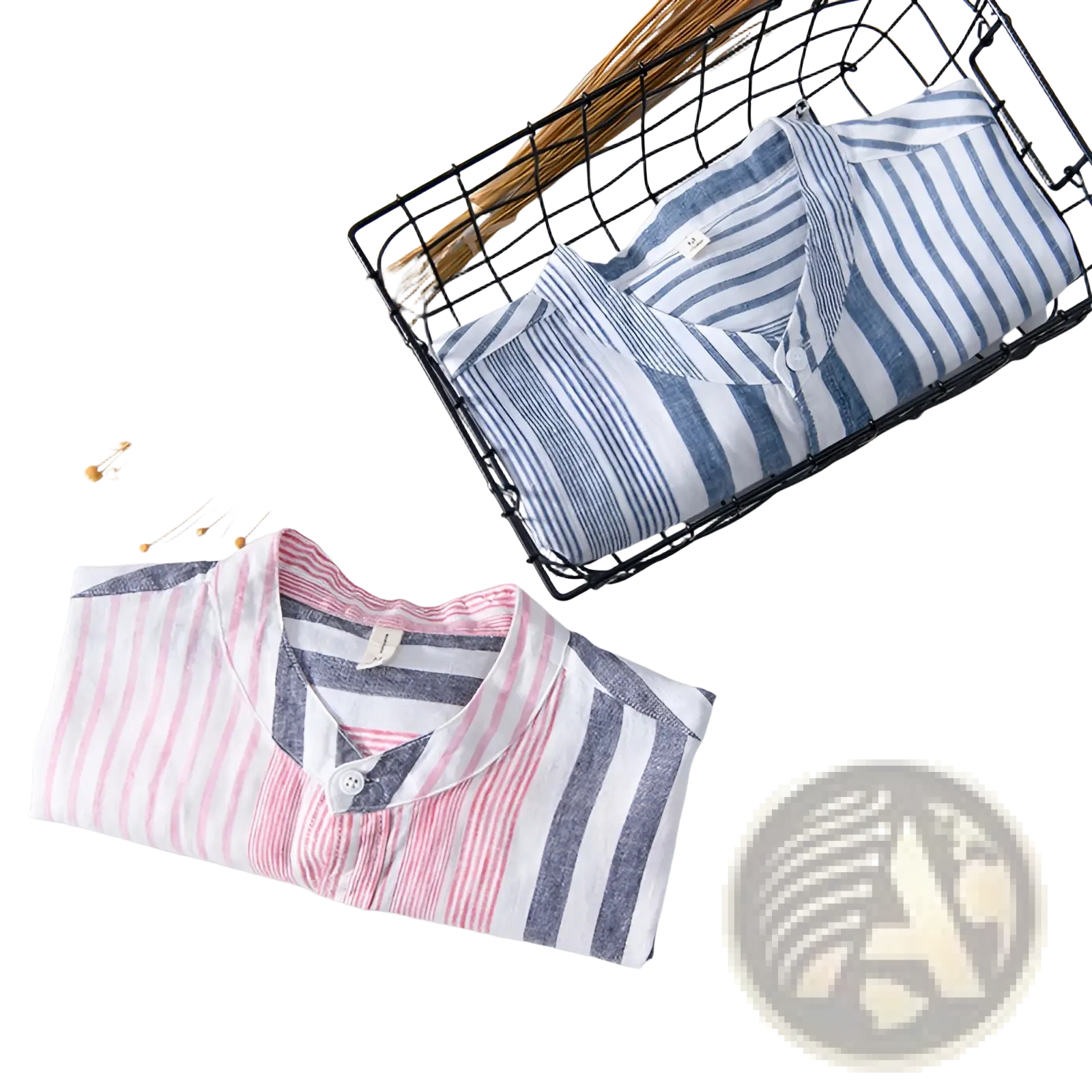 A neatly folded men’s striped linen short sleeve button up shirt with pink and navy vertical stripes on white fabric