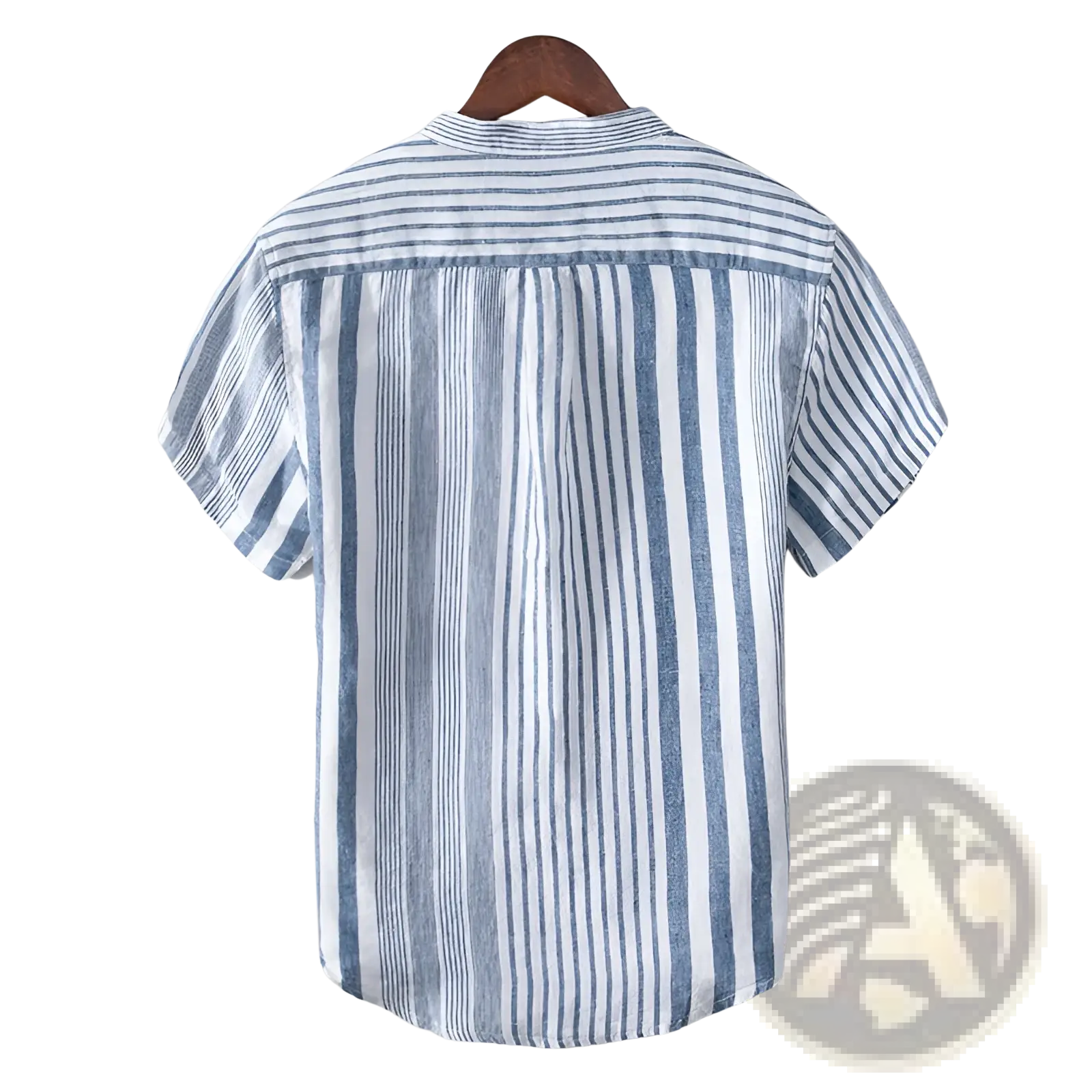 Men’s striped linen short sleeve shirt with mandarin collar featuring vertical blue and white stripes