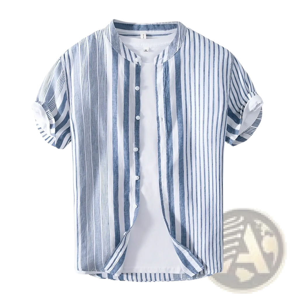 Men’s blue and white striped linen short sleeve shirt with mandarin collar and button-up front