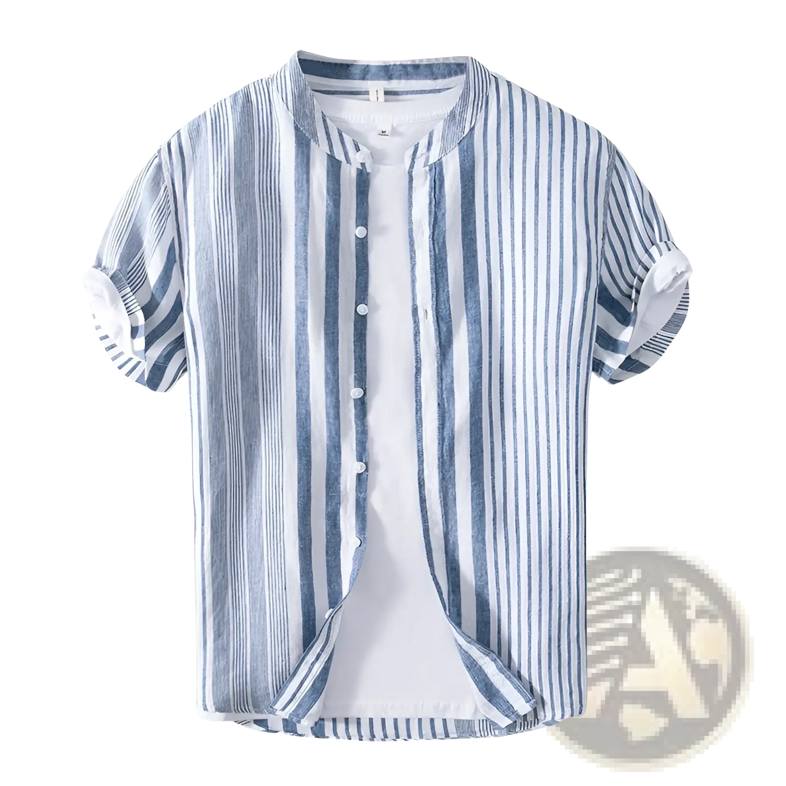 Men’s blue and white striped linen short sleeve shirt with mandarin collar and button-up front