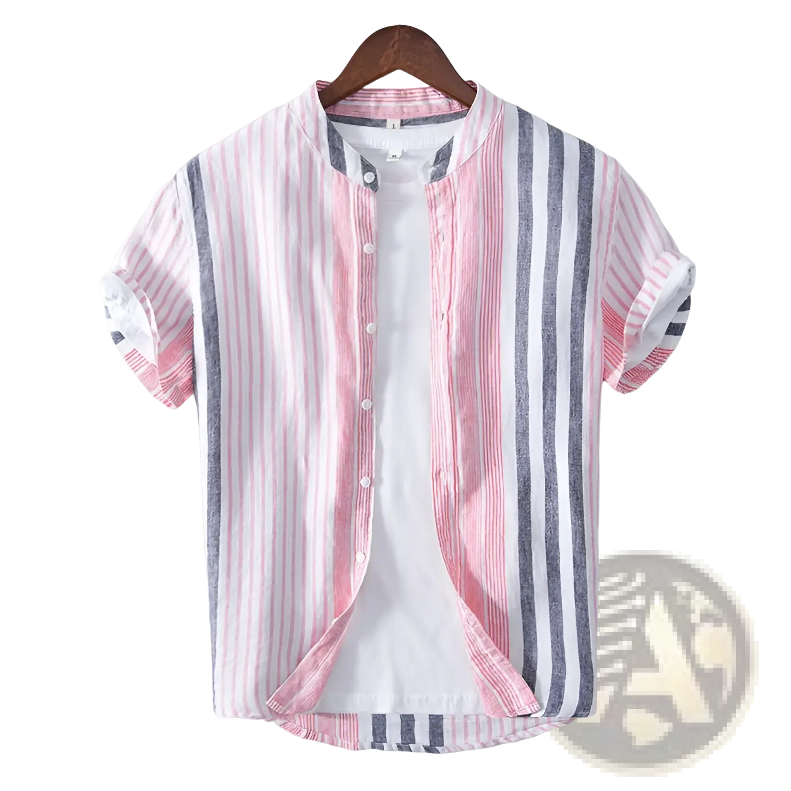 Men’s striped linen mandarin collar short sleeve shirt in pink white and gray hanging on a wooden hanger