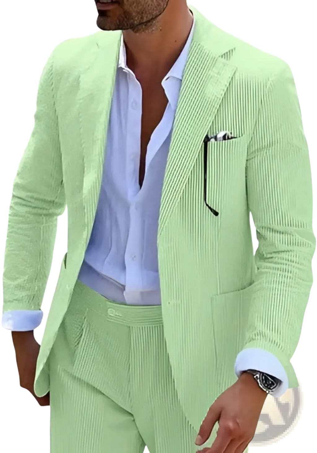 Mens striped slim fit two piece suit in light green pinstripe fabric with matching trousers for formal wear