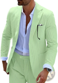 Mens striped slim fit two piece suit in light green pinstripe fabric with matching trousers for formal wear