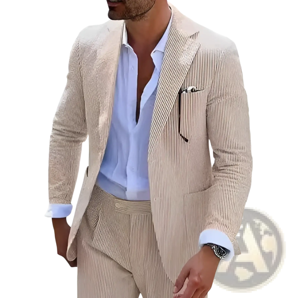 Beige corduroy mens slim fit two piece suit with vertical stripes shown from the back side