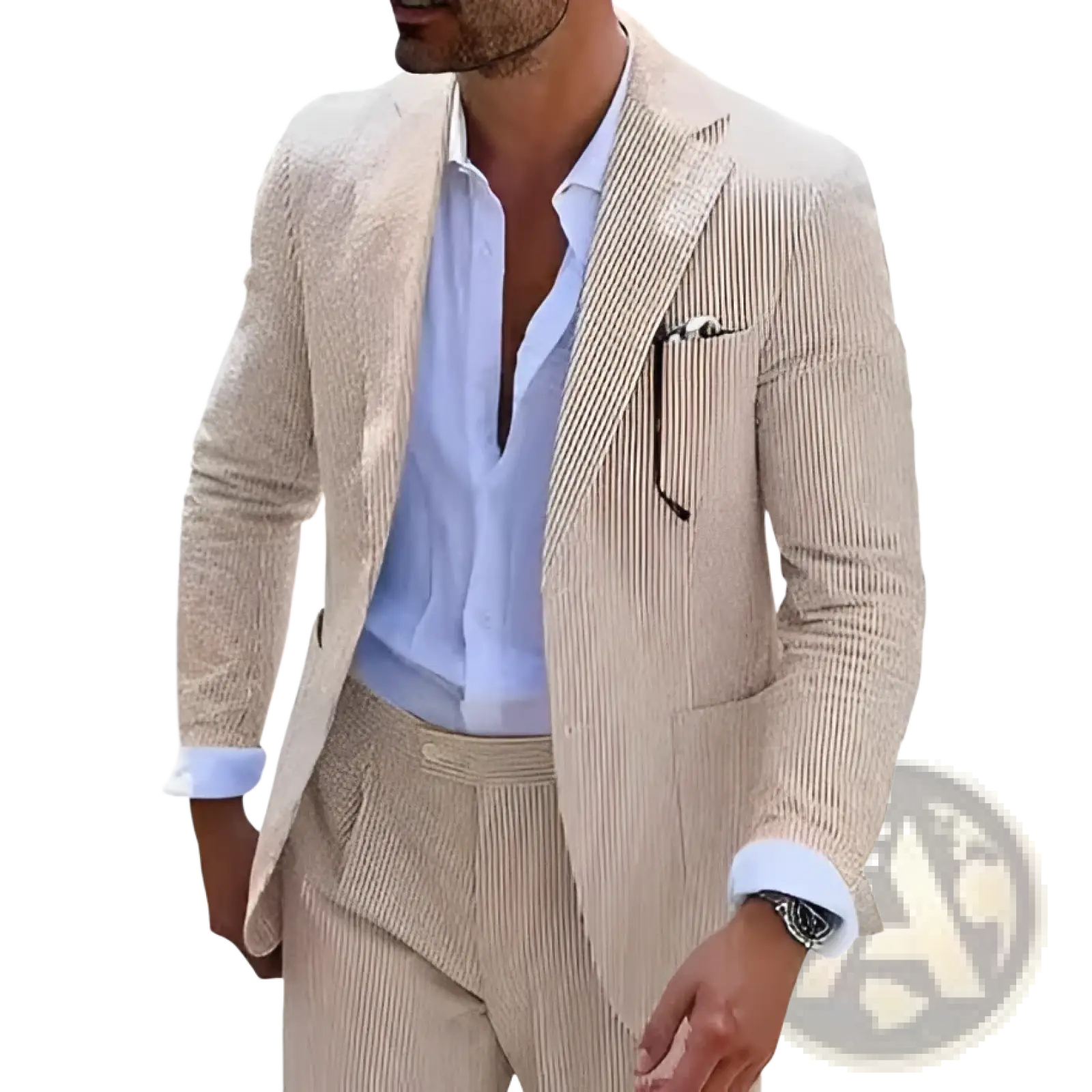 Beige corduroy mens slim fit two piece suit with vertical stripes shown from the back side
