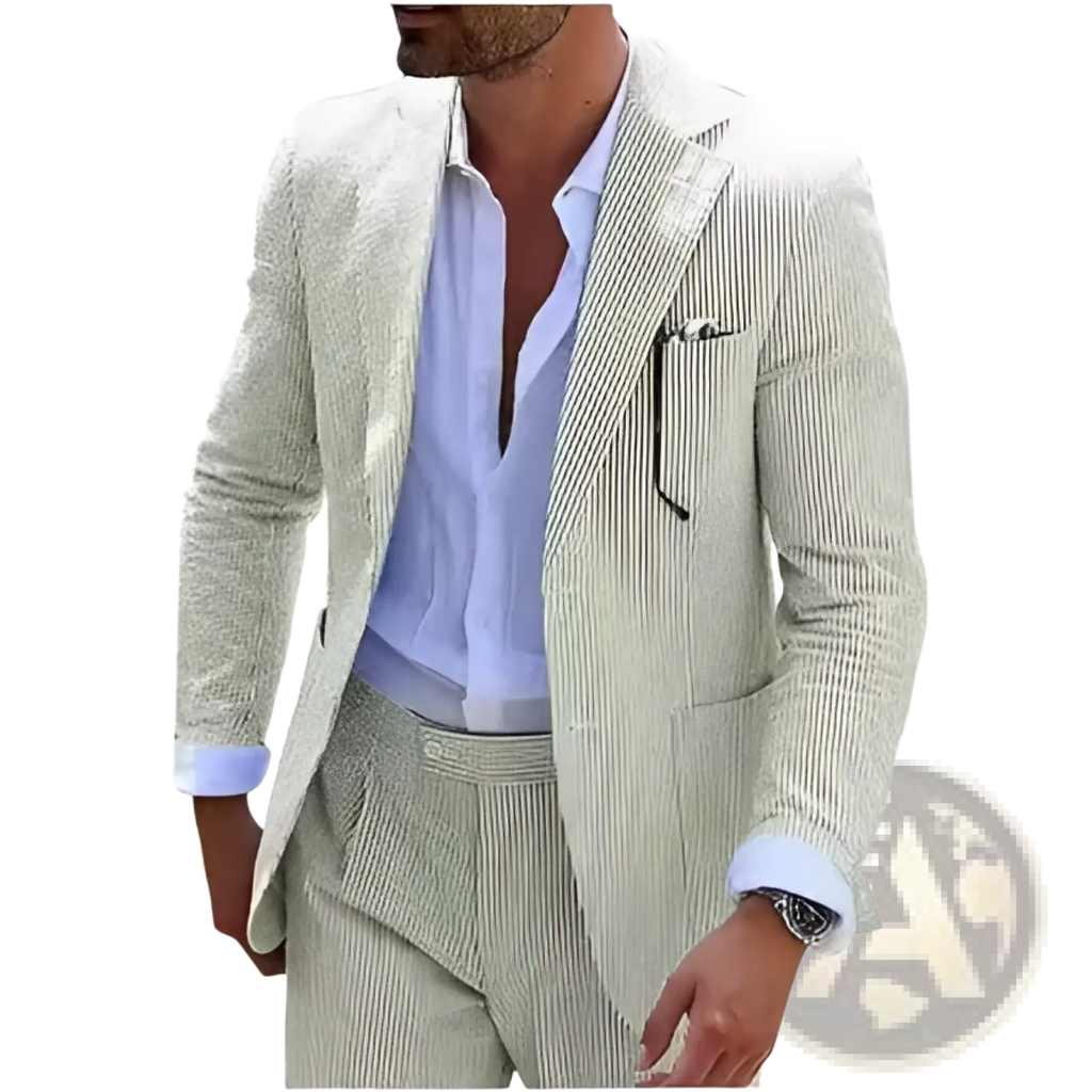 Mens striped slim fit two piece suit jacket in light beige and white with a subtle textured weave fabric