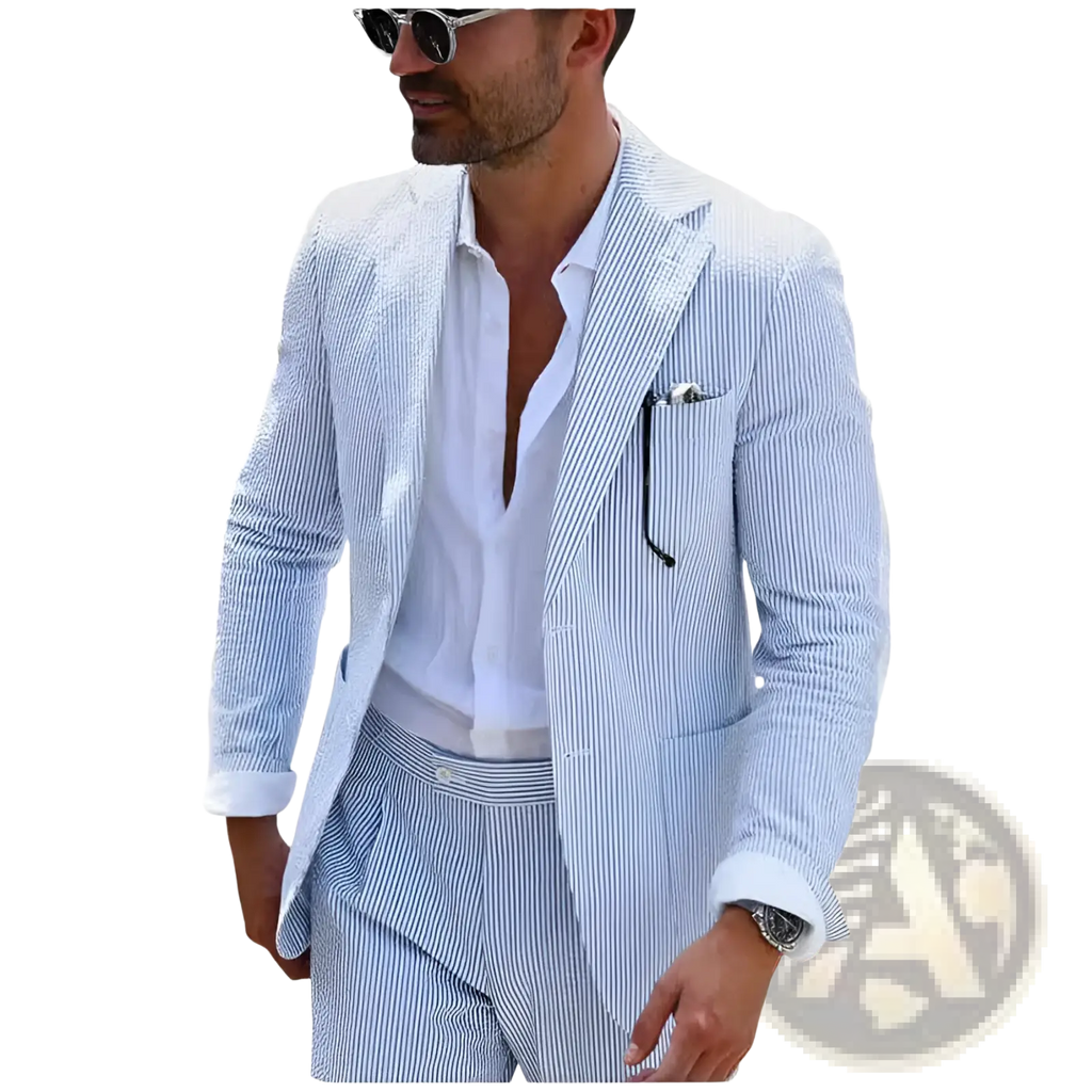 Mens striped slim fit two piece suit jacket in light blue and white vertical stripes with a subtle textured weave