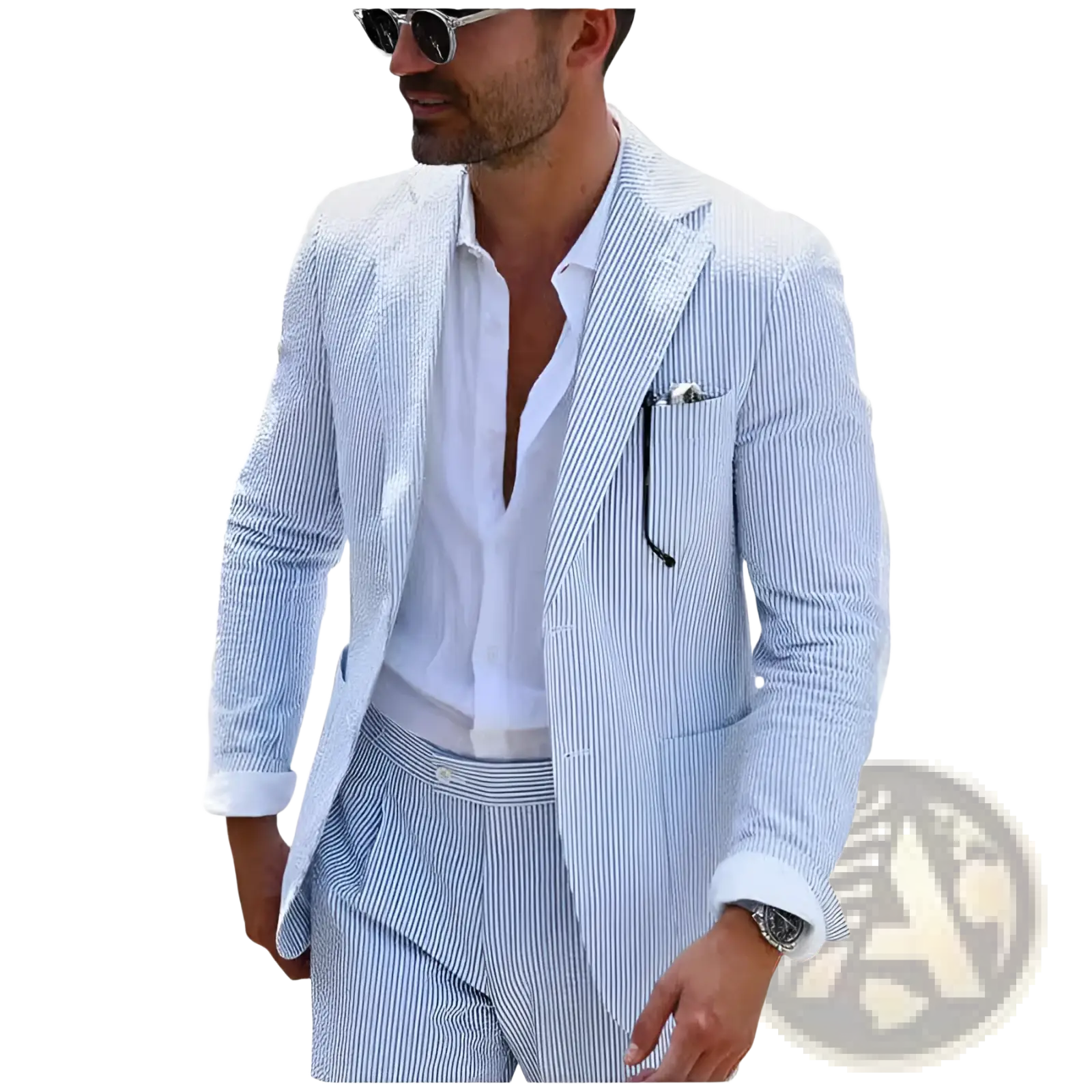 Mens striped slim fit two piece suit jacket in light blue and white vertical stripes with a subtle textured weave
