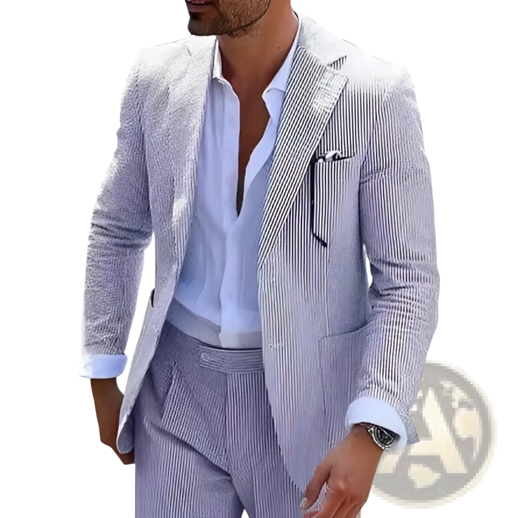 Mens striped slim fit two piece suit in light blue and white with subtle textured fabric and matching trousers