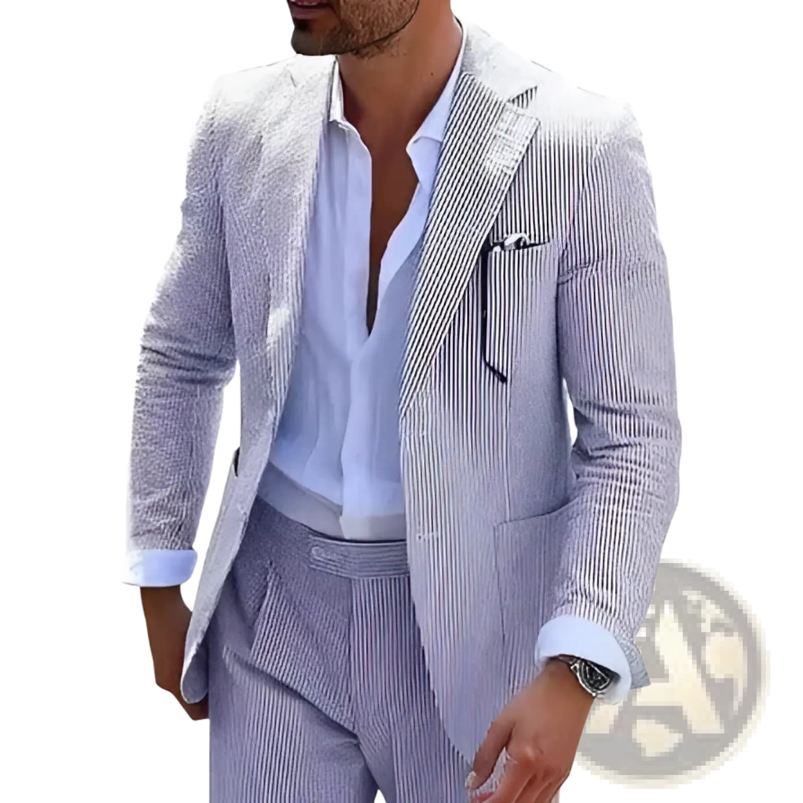 Mens striped slim fit two piece suit in light blue and white with subtle textured fabric and matching trousers