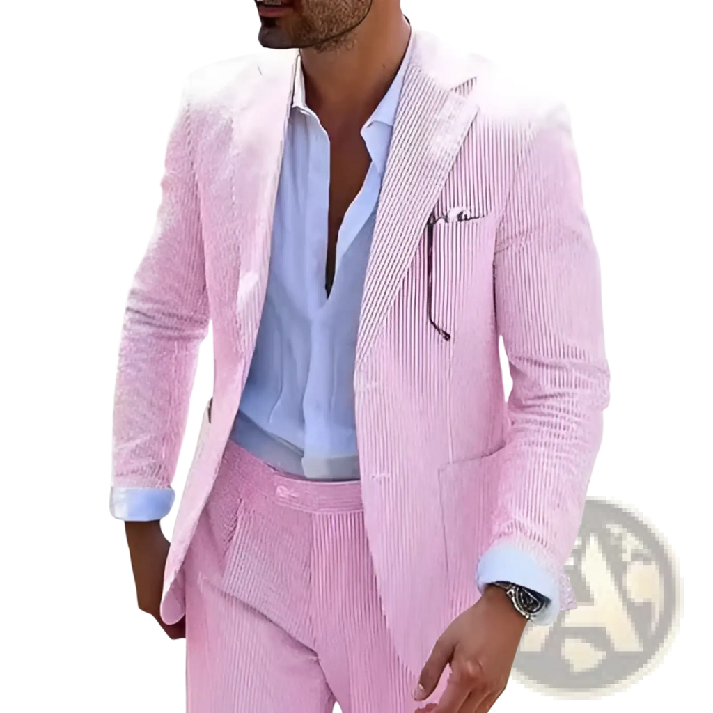 Mens striped slim fit two piece suit in pink and white vertically striped corduroy with matching jacket and trousers