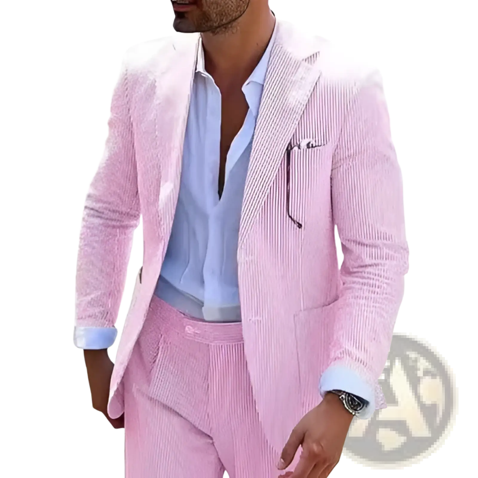 Mens striped slim fit two piece suit in pink and white vertically striped corduroy with matching jacket and trousers