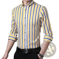Men’s striped stretch dress shirt with bold yellow navy blue and white vertical stripes long-sleeved button-up