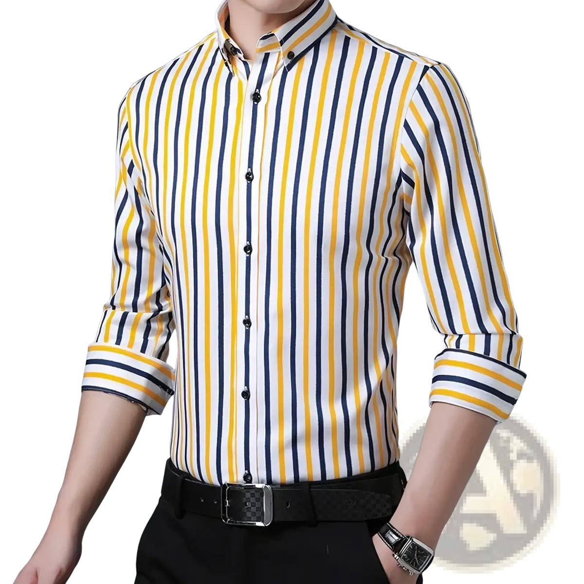 Men’s striped stretch dress shirt with bold yellow navy blue and white vertical stripes long-sleeved button-up