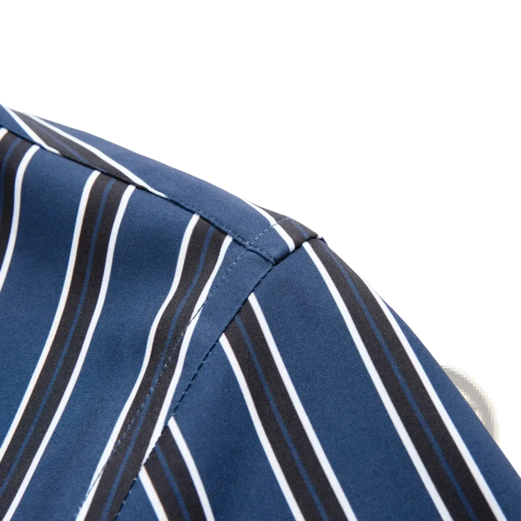 Men’s striped stretch dress shirt collar with blue black and white vertical stripes and neat stitching detail