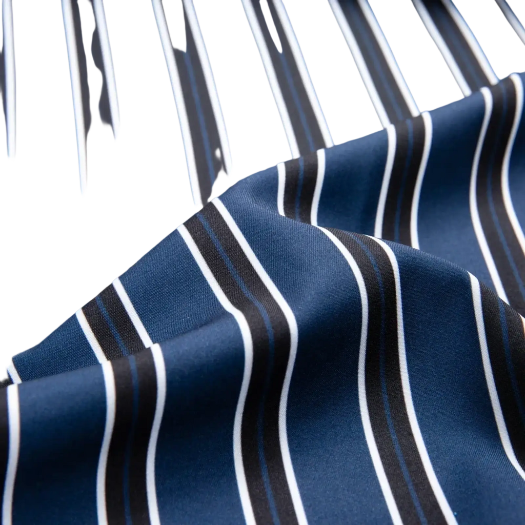Men’s striped stretch dress shirt in blue fabric with vertical white and black stripes for formal wear