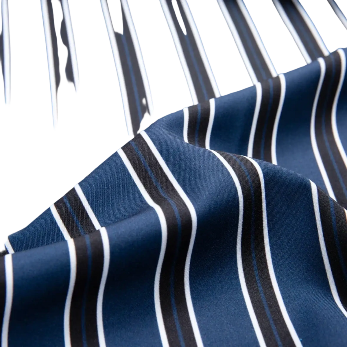 Men’s striped stretch dress shirt in blue fabric with vertical white and black stripes for formal wear
