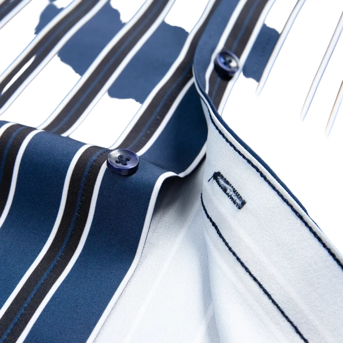 Men’s striped stretch dress shirt featuring blue and white stripes with dark blue buttons in a button-down style