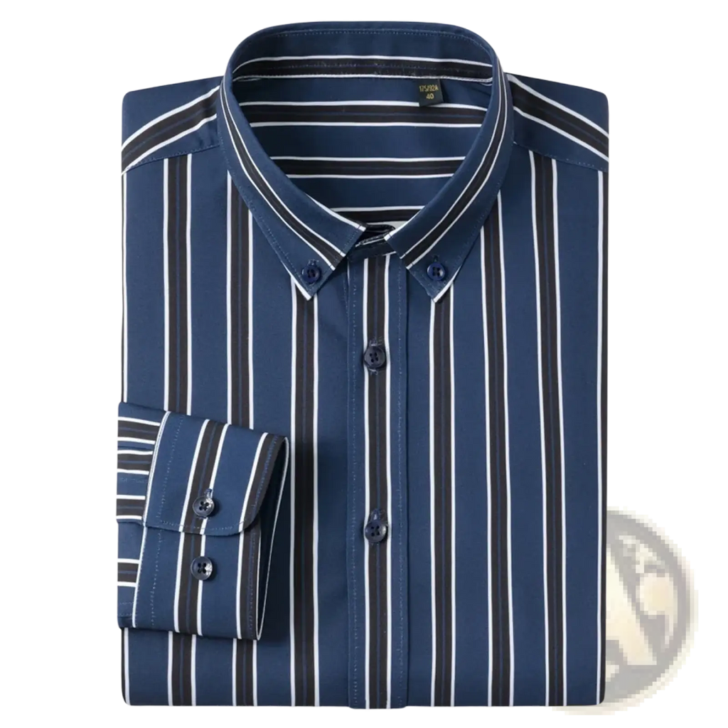 Men’s striped stretch dress shirt in navy blue with white and dark gray vertical stripes and classic collar and cuffs