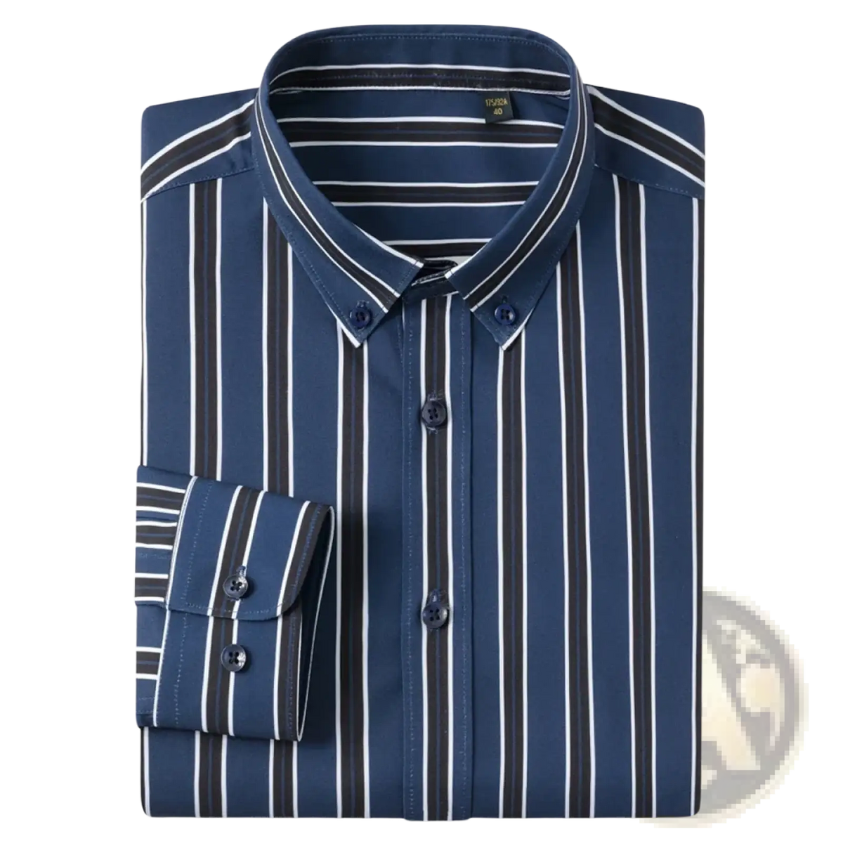 Men’s striped stretch dress shirt in navy blue with white and dark gray vertical stripes and classic collar and cuffs