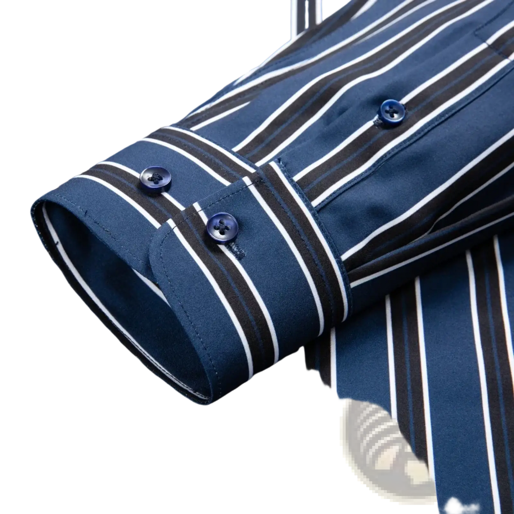 Men’s striped stretch dress shirt in navy blue and white with black accents and dark blue cuff buttons