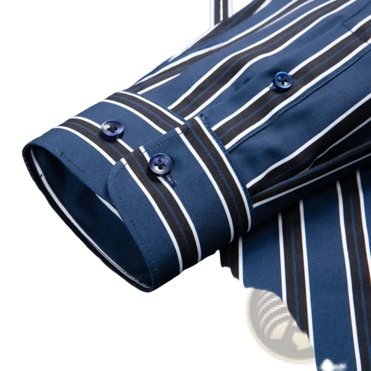 Men’s striped stretch dress shirt in navy blue and white with black accents and dark blue cuff buttons