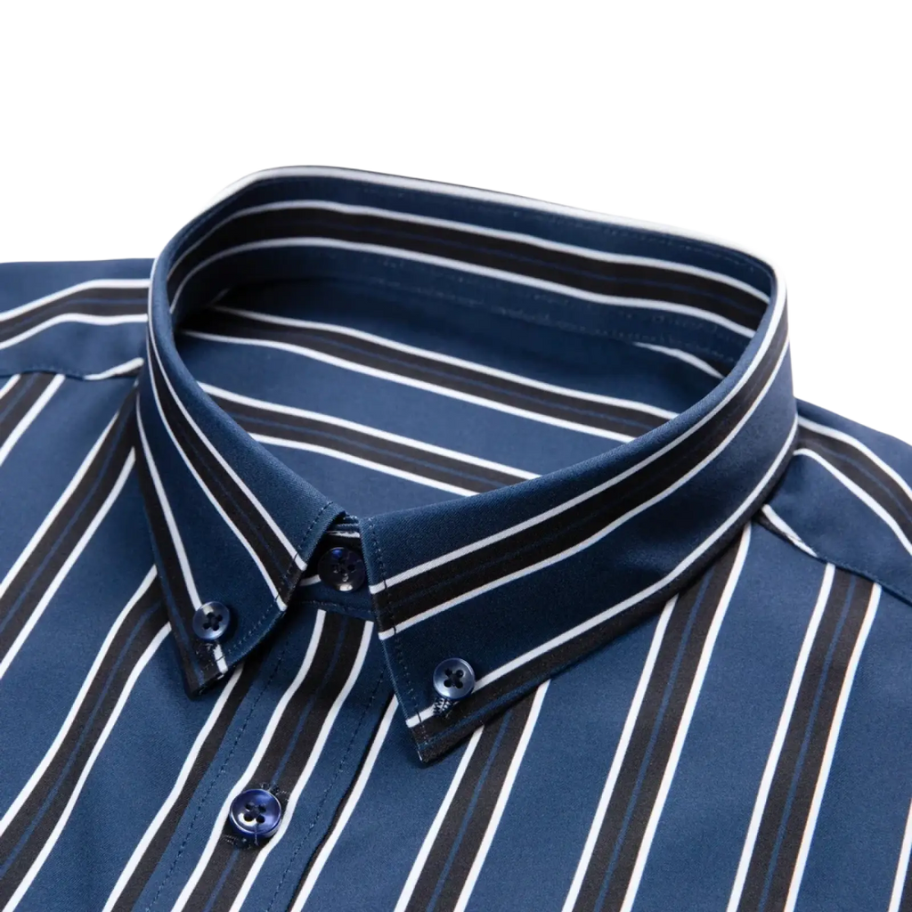 Men’s striped stretch dress shirt featuring navy blue and white stripes with a classic collar and button-down front