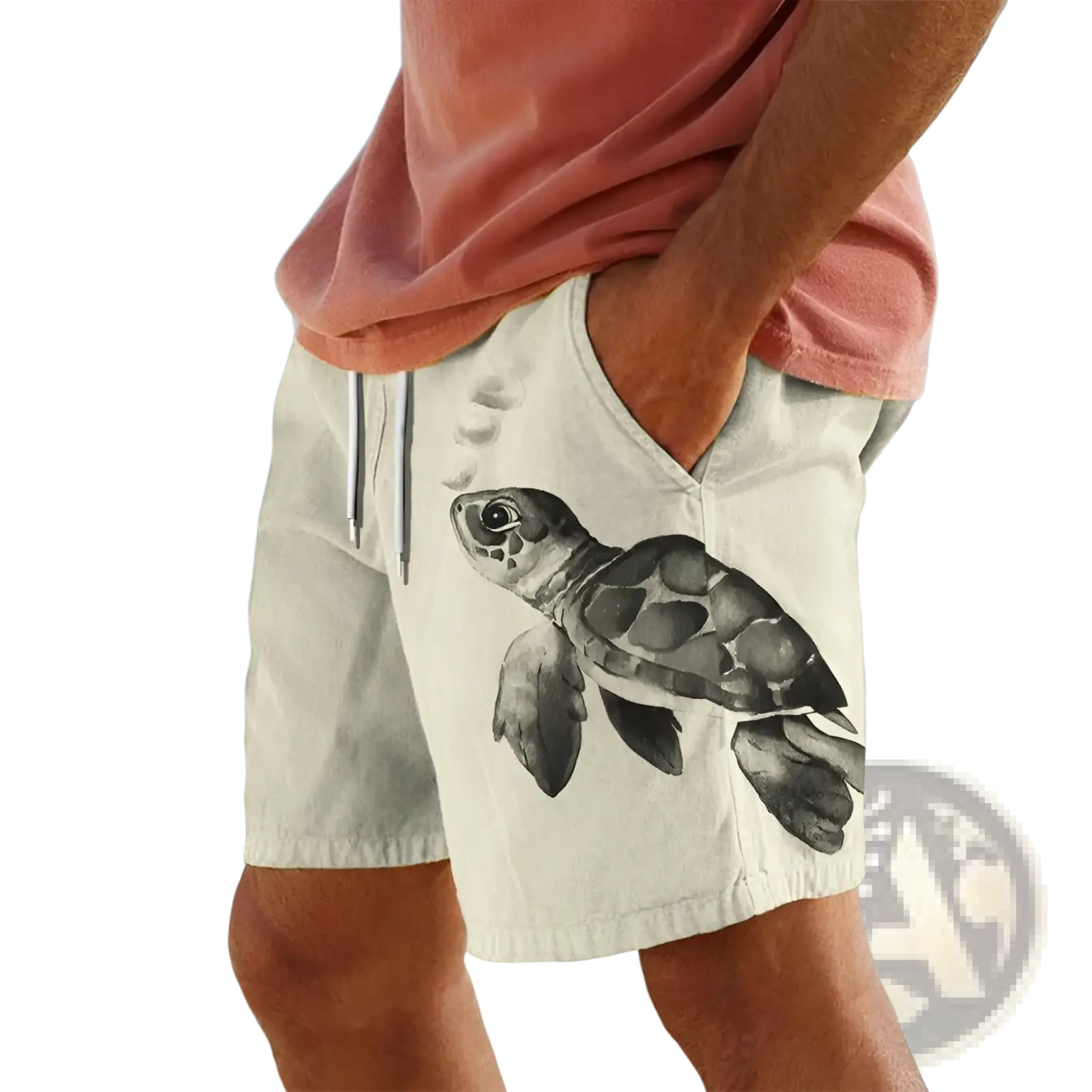 Men’s beige swim trunks featuring a detailed black and gray watercolor-style sea turtle graphic on the front