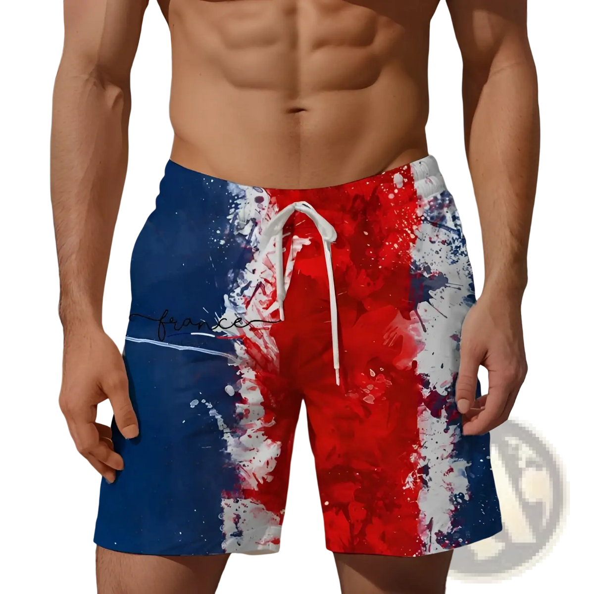 Men’s striped tropical print swim trunks with vibrant red white and blue splatter and france scripted on the side