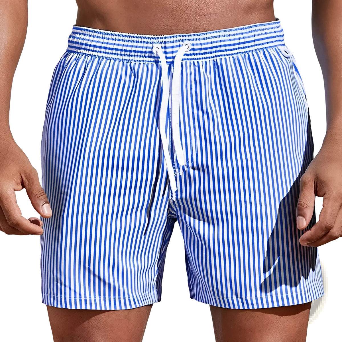 Men’s striped tropical print swim trunks in blue and white vertical stripes with elastic waistband and white drawstring