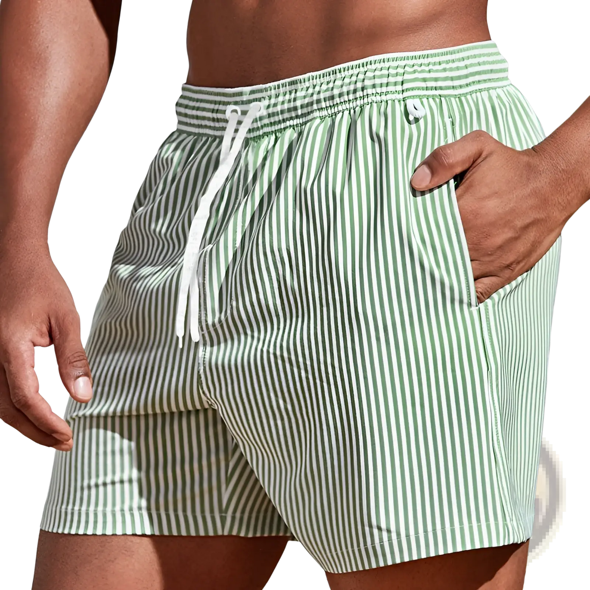 Men’s striped tropical print swim trunks in light green and white vertical stripes with a drawstring waistband
