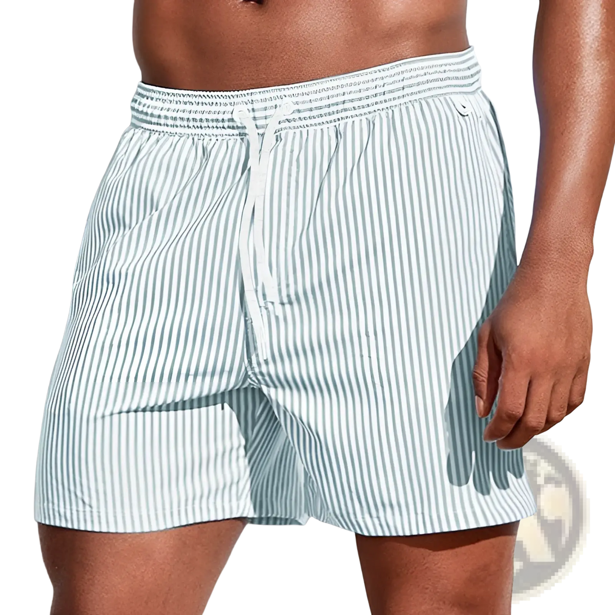 Men’s striped tropical print swim trunks in light blue and white vertical stripes with an elastic waistband