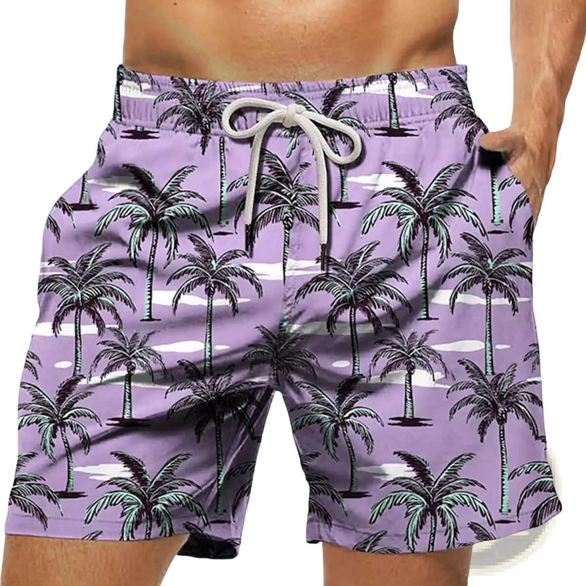 Men’s striped tropical print purple swim trunks with black and teal palm trees white clouds and a light gray drawstring