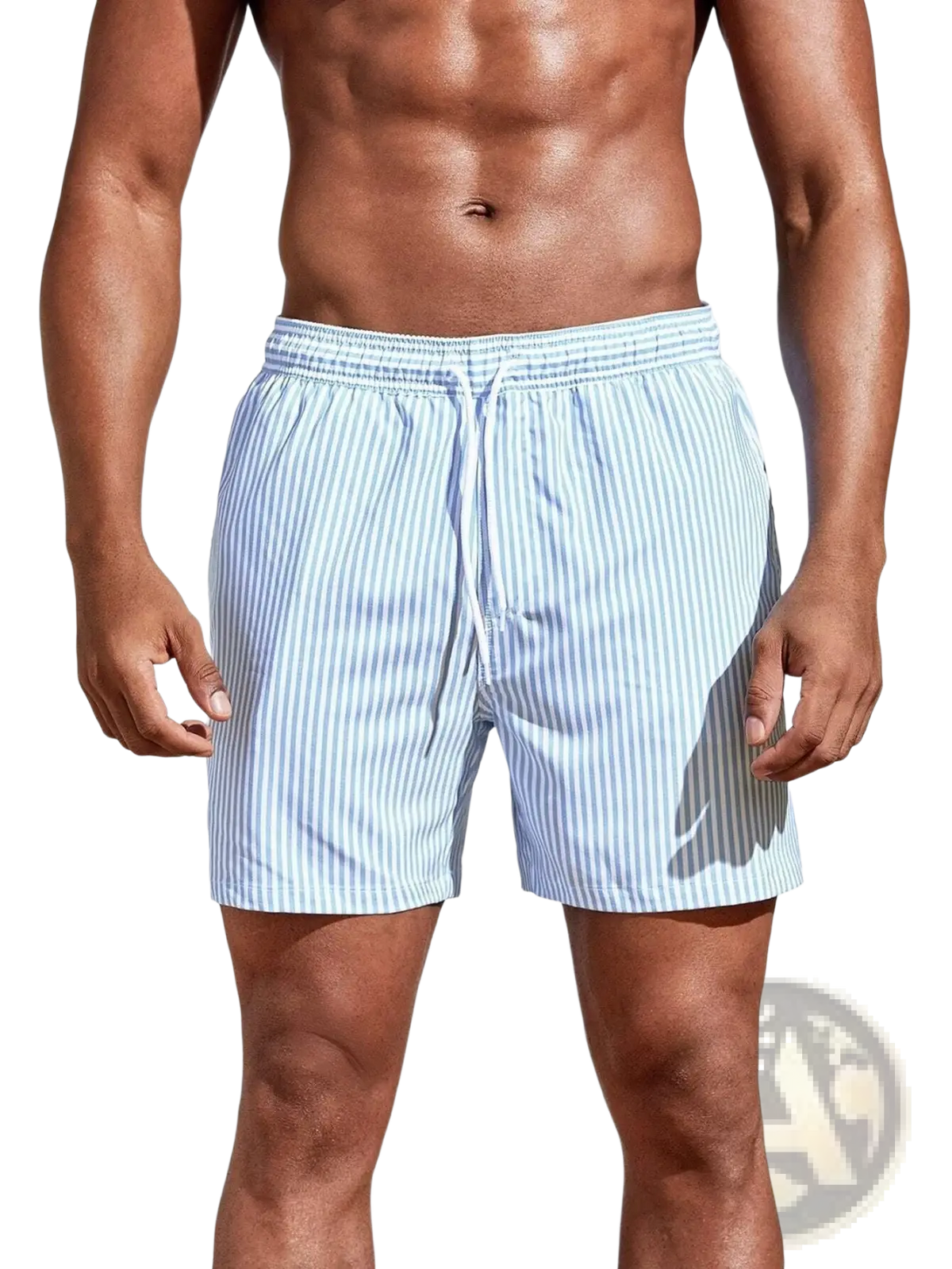 Men’s striped tropical print swim trunks in light blue and white vertical stripes with elastic waistband for beachwear