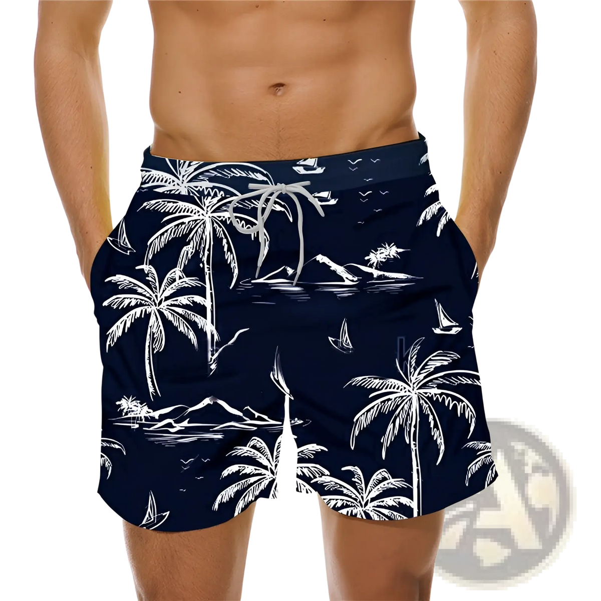 Men’s navy blue swim trunks with white striped tropical island print featuring palm trees sailboats and mountains