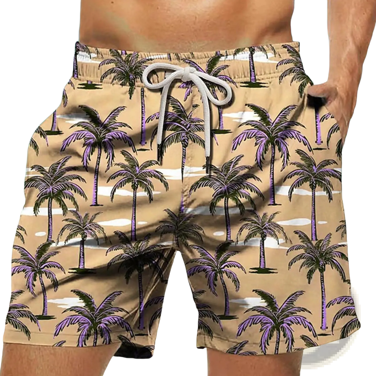Men’s beige swim trunks with striped tropical palm tree print in purple and green and white drawstrings for beachwear