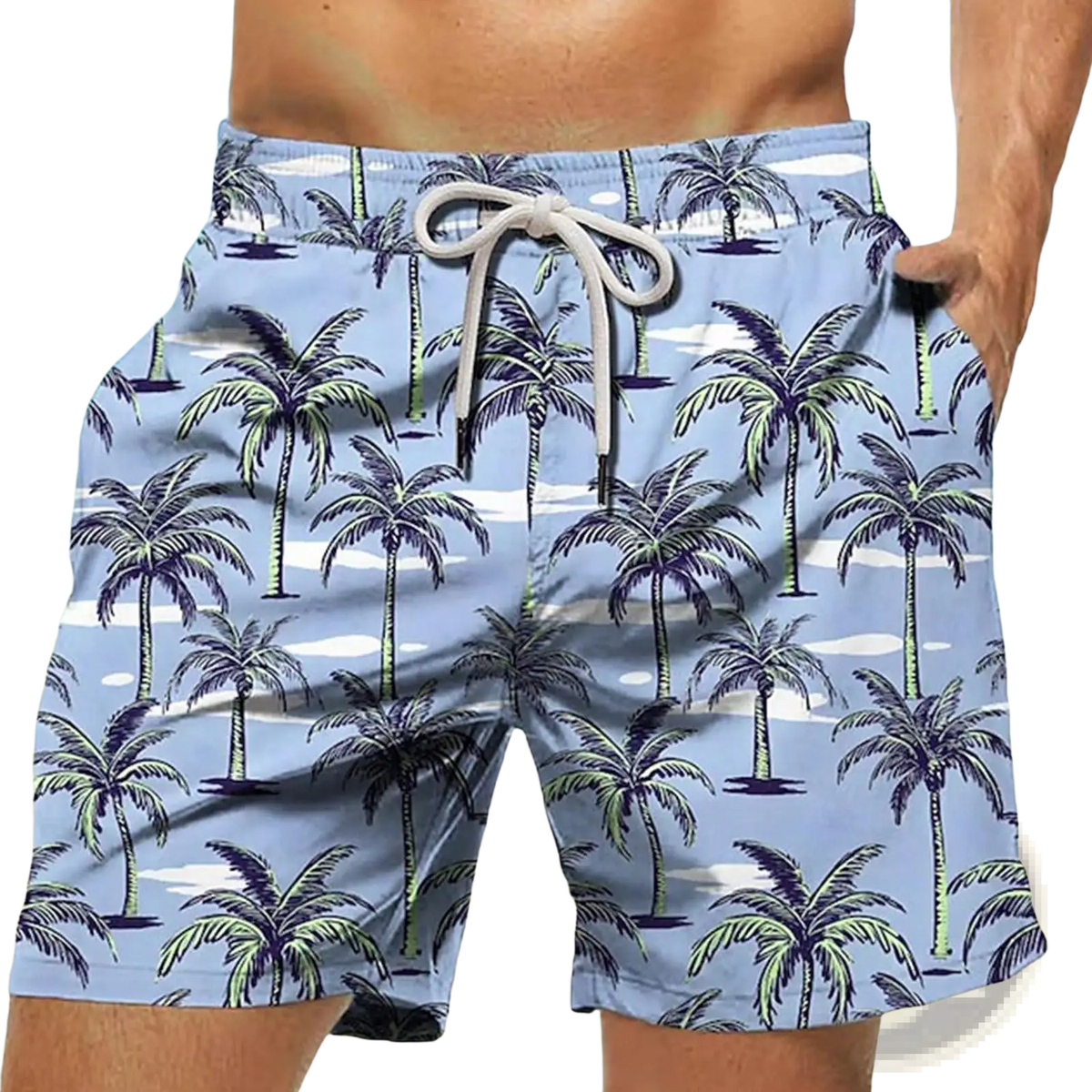 Men’s light blue swim trunks with dark purple and green tropical palm tree pattern and white drawstrings