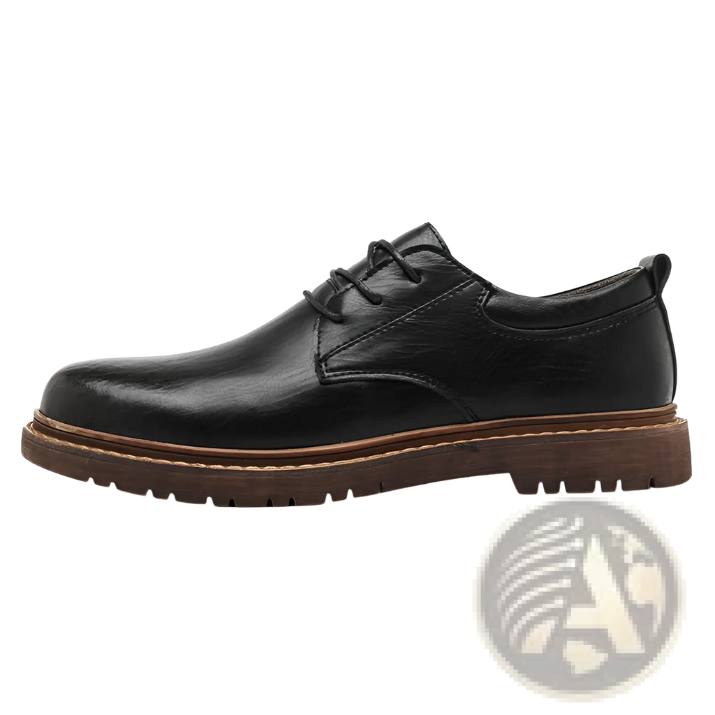 Black leather lace-up oxford shoe with brown rubber sole and stitched detailing for men’s business and casual wear