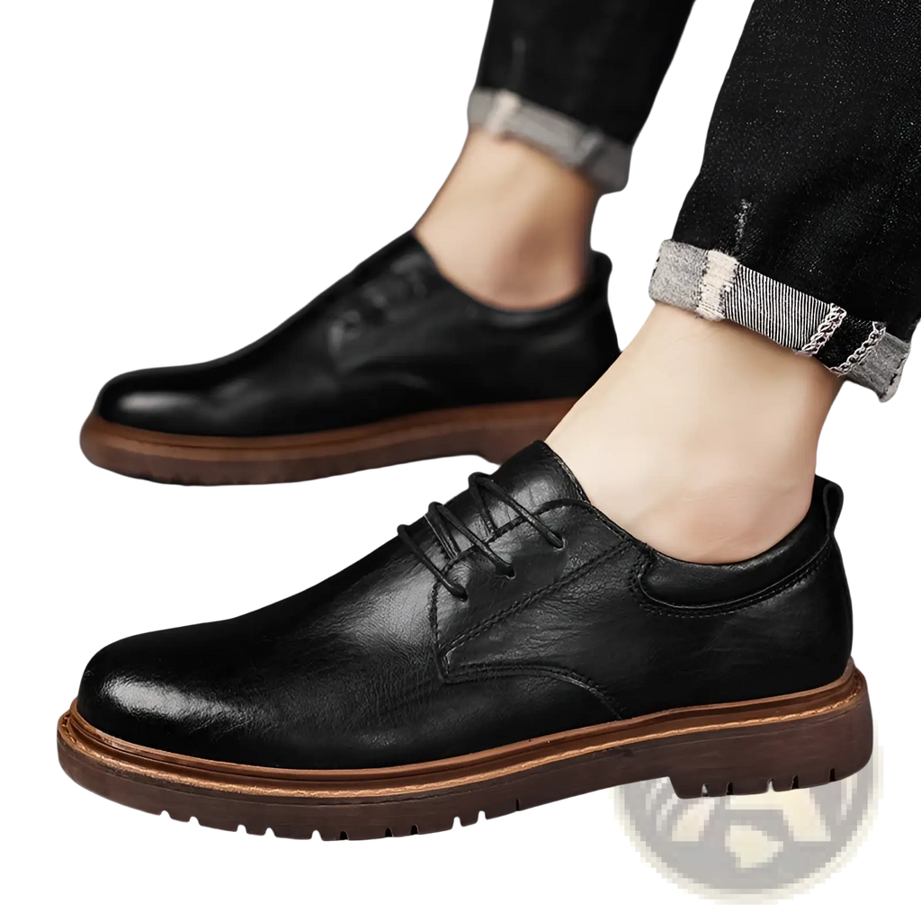 Men’s stylish black pu leather lace-up oxford shoes with brown rubber sole for business and casual wear