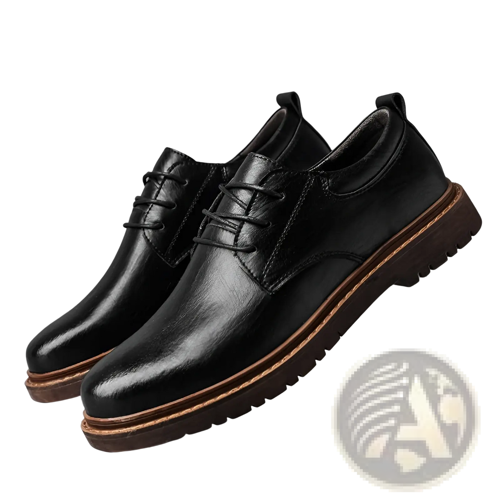 Men’s stylish black pu leather lace-up dress shoes with brown rubber sole and stitched detailing for business and casual use