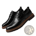 Men’s stylish black pu leather lace-up dress shoes with brown rubber sole and stitched detailing for business and casual use